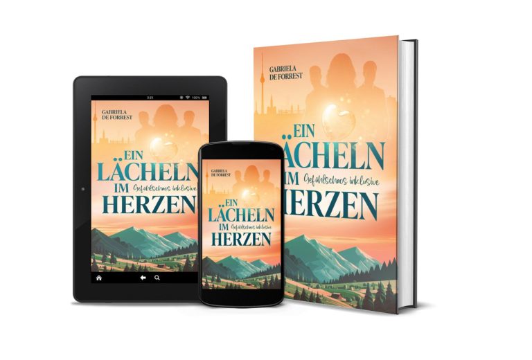 Drei Buchformate mit dem Titel "Ein Lächeln im Herzen- Gefühlschaos inklusive" vor einer Landschaftsszene.