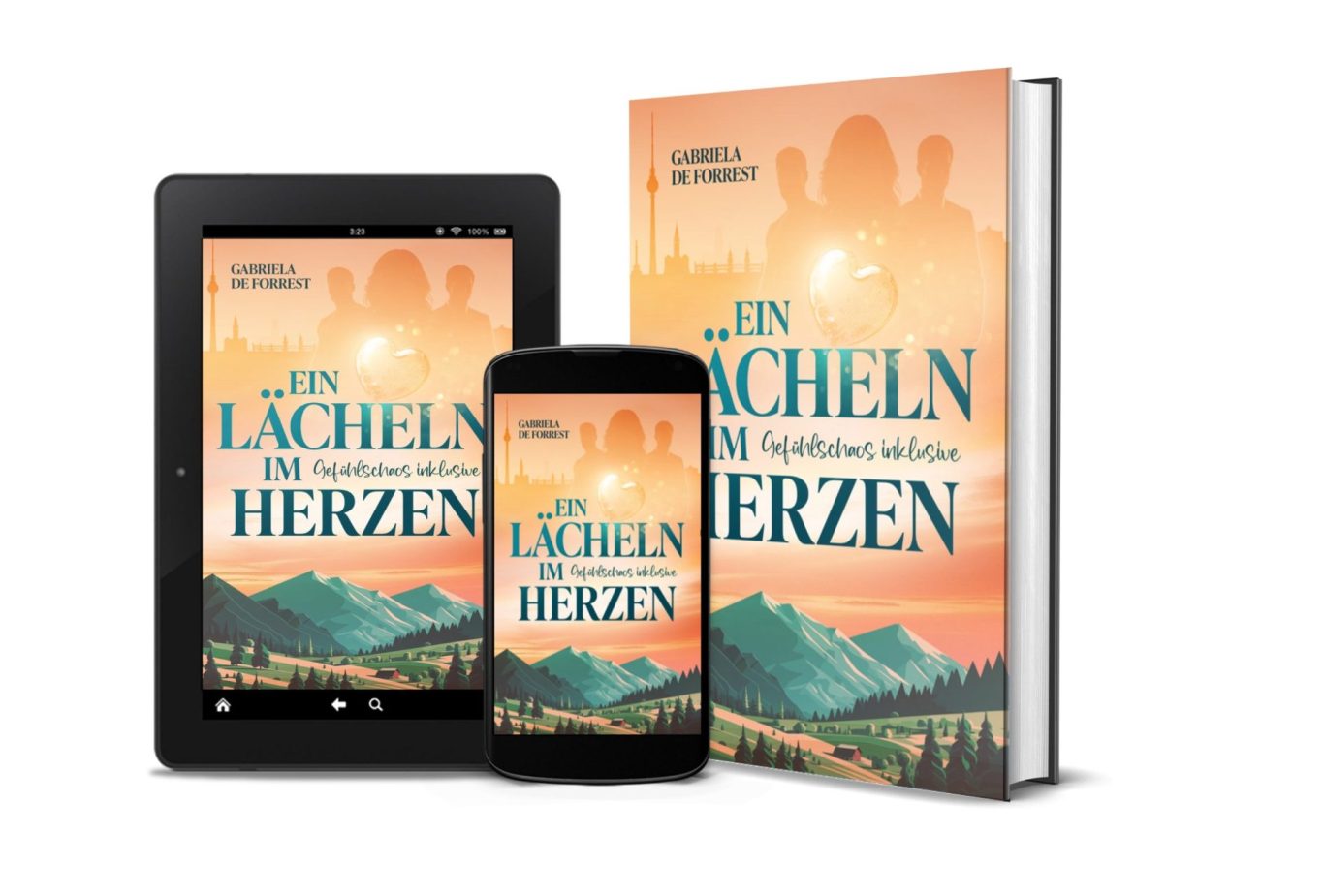 Ein Buchcover und zwei digitale Geräte mit dem Titel "Ein Lächeln in den Herzen- Gefühlschaos inklusive".