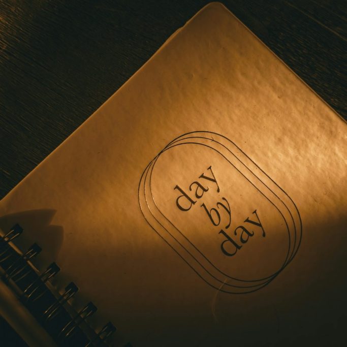 Notizbuch mit goldener Prägung „day by day“ auf einem dunklen Tisch.