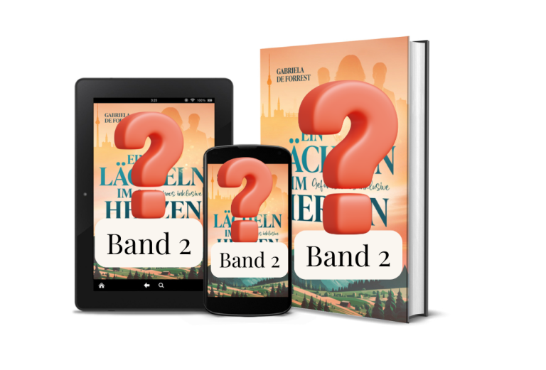 Drei verschiedene Buchversionen des zweiten Bandes mit Fragezeichen und dem Titel "Ein Lächeln im Herzen- Aufbruch in ein neues Leben"